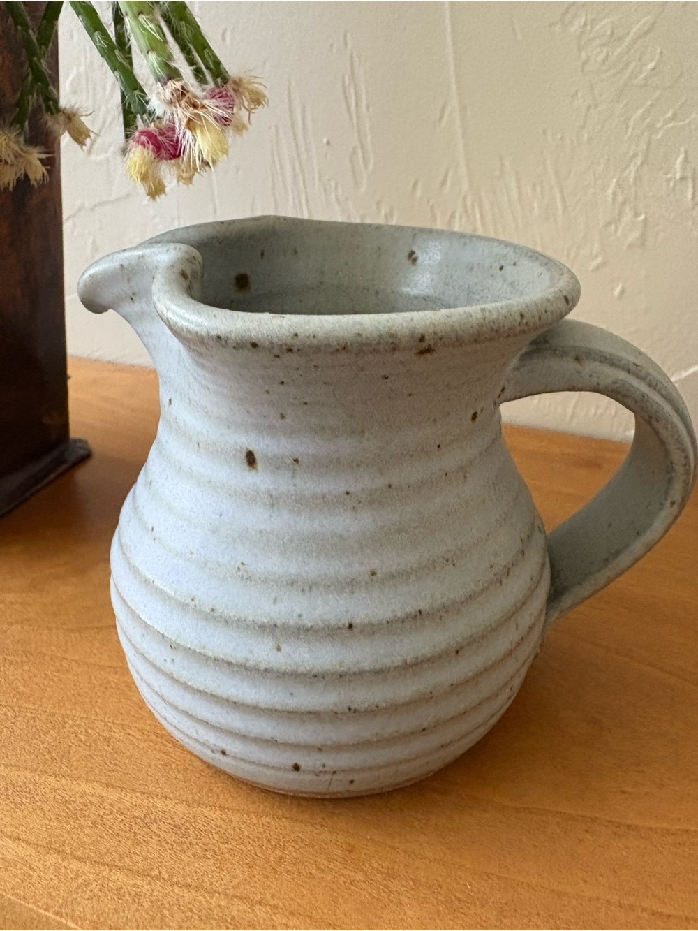 Beautiful Handcrafted Gray Small Ceramic Pitcher Vase Vessel Textured Ribbing